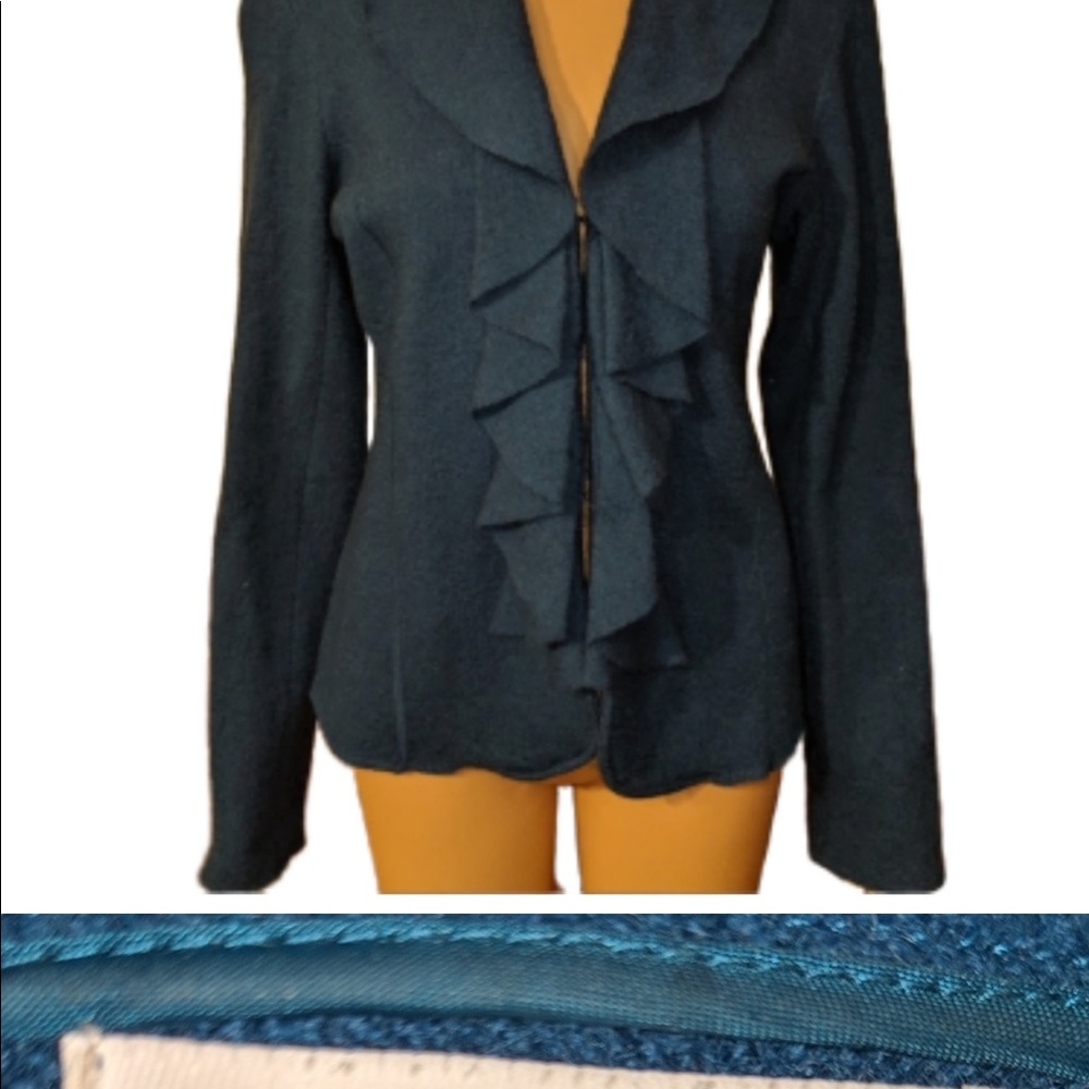 Blue Wool Ruffle Sweater Hook Clasp Closure Medium